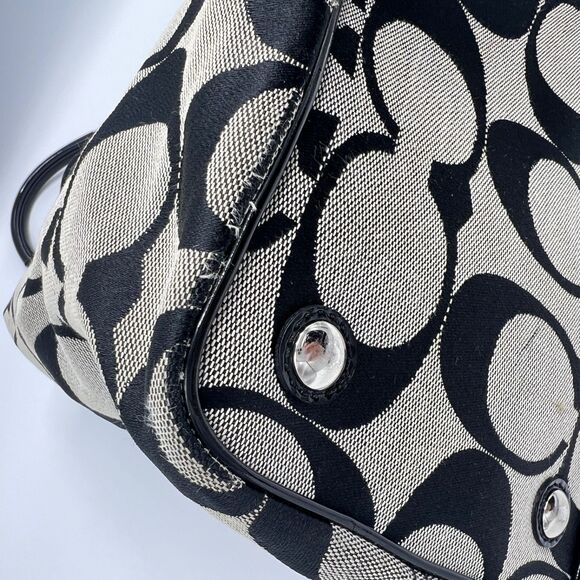 Coach Signature Stripe Framed Carryall Satchel Tote No F13533 Silver Black White - Picture 10 of 16
